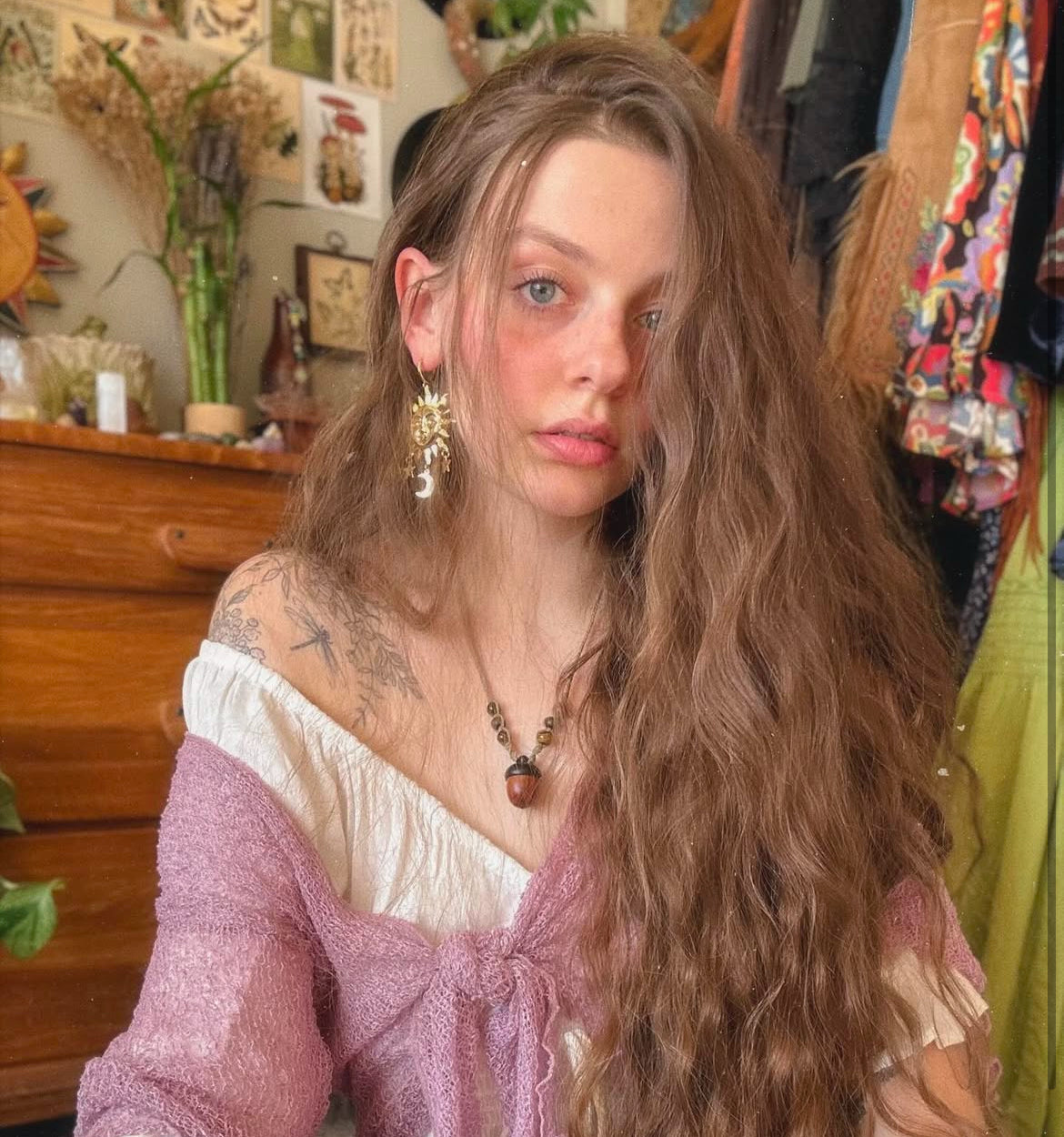 Hippie Model Hannah Drapinski styling my magical, fairycore Acorn Trinket Necklace