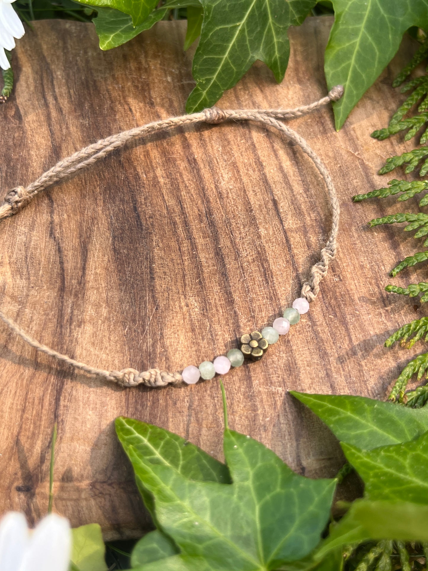 Kunzite & Green Aventurine Flower Crystal Anklet ⋆.˚