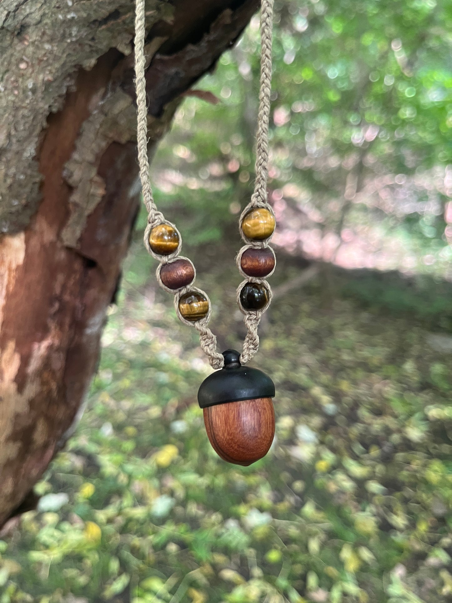 Handmade Acorn Trinket Necklace fairy-core pendant. Close up. 