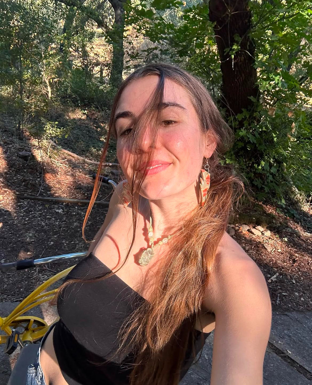 Hippie model and spiritual lifestyle youtuber Pippin Jardine modelling my handmade prasiolite Crystal necklace