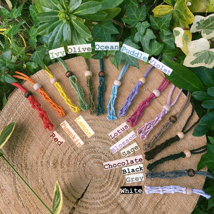rainbow selection of hemp crystal pouch necklaces, the perfect necklace to hold your favourite healing gemstones.